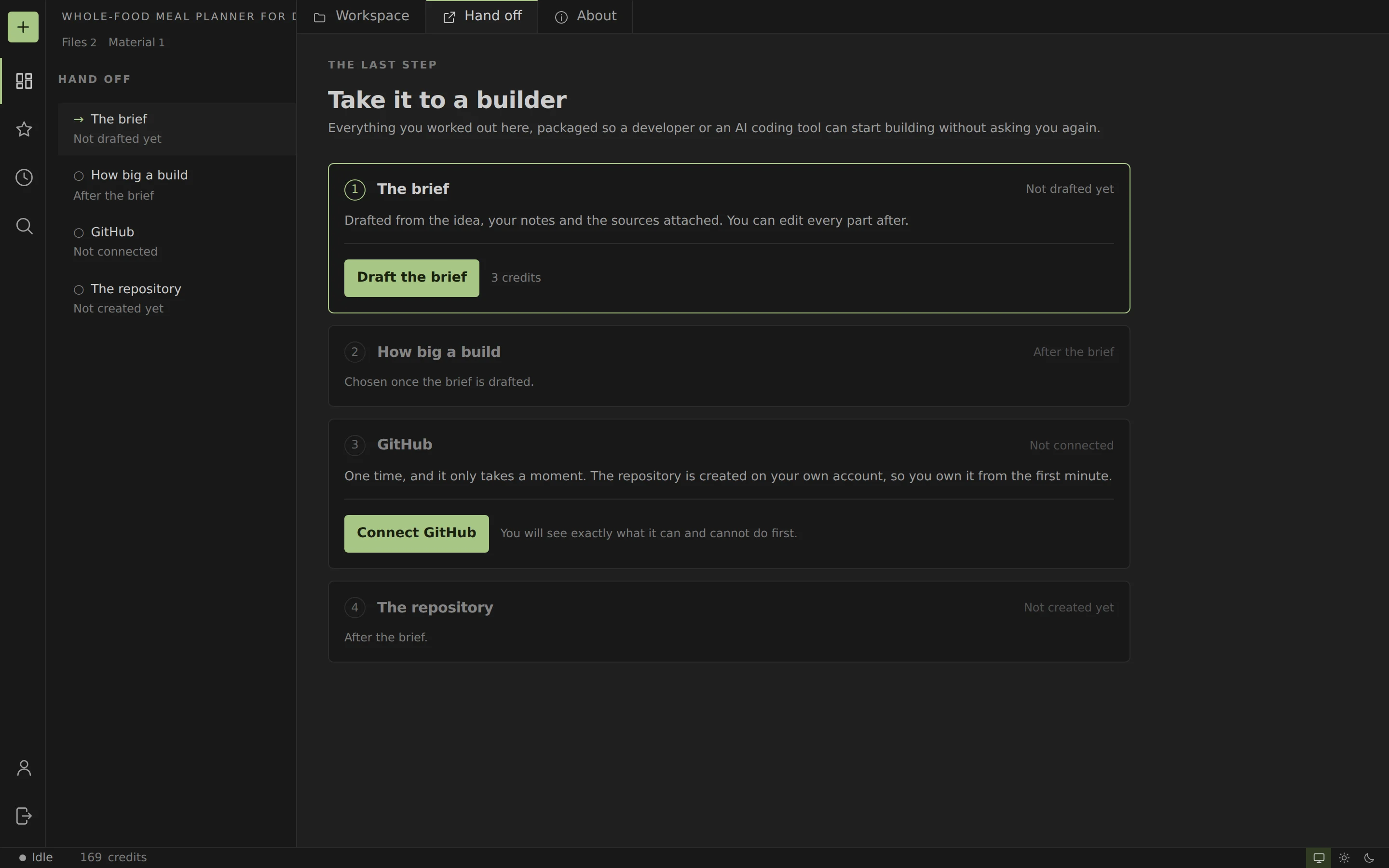 The hand-off steps: draft the brief, size the build, connect GitHub, create the repository.